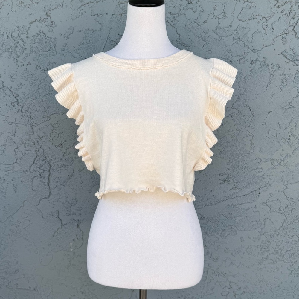 Free People Beach 100% Cotton Ruffled Sleeve Sleeveless Cropped Top in Cream M